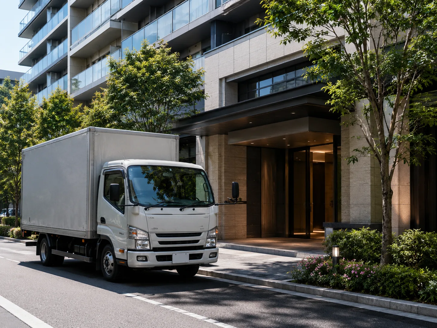 マンションに荷物を届ける配送トラック